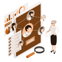 Illustration d'une recruteuse devant des profils de candidats