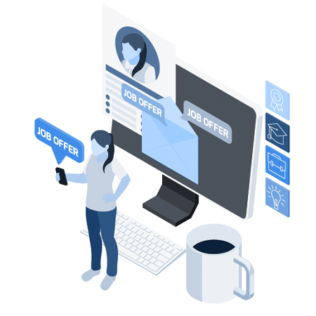 Illustration qui représente un personnage avec une bulle "job offer"
